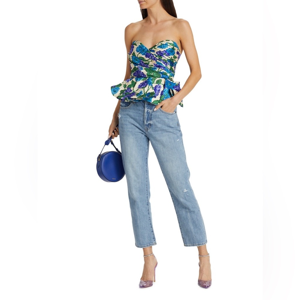 Ronny Kobo
Blue white Tara Floral Silk Jacquard Peplum Top